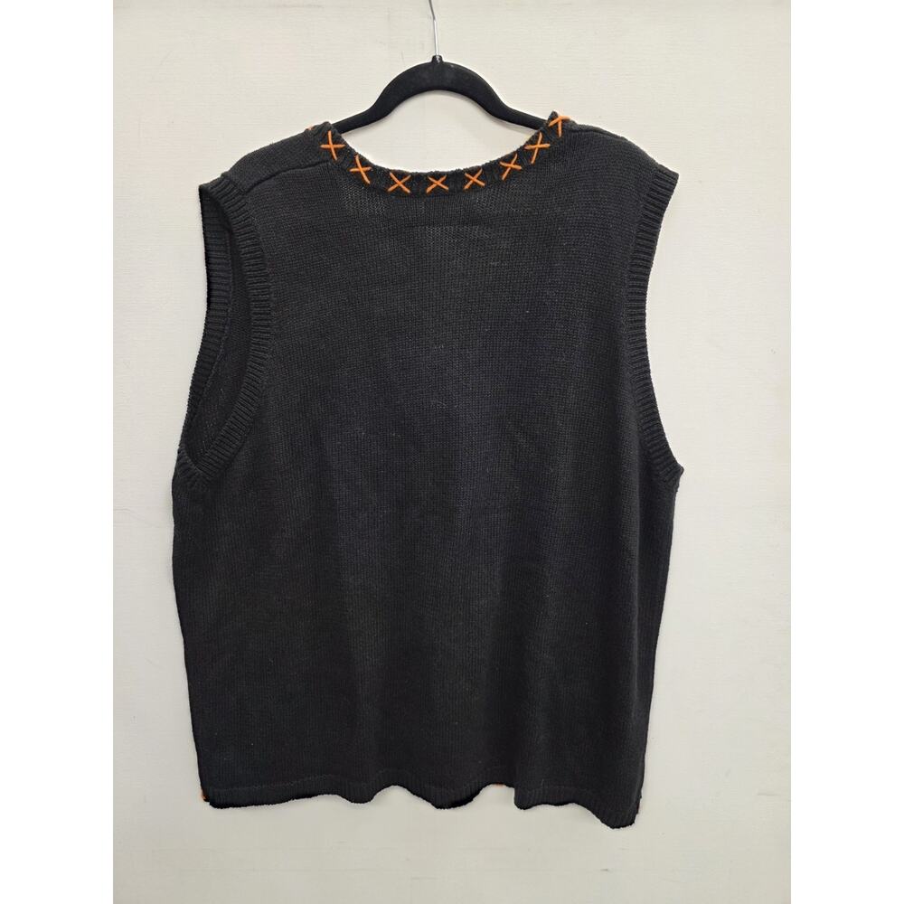 Vintage 90s Basic Editions 2X Halloween Black Sweater Vest Fall Pumpkins - Picture 2 of 9